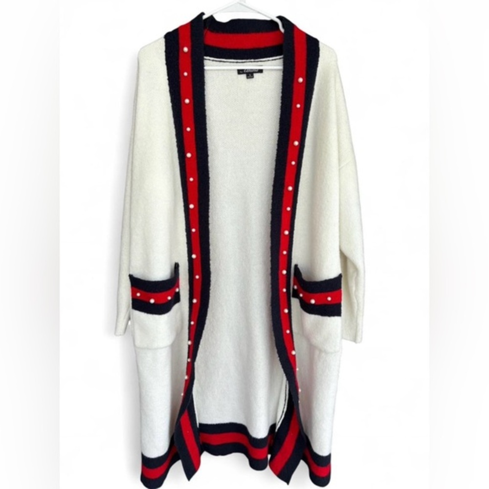 Women Athina Striped Longline Duster Knit Cardigan Pearl Small‎ Classy Chic